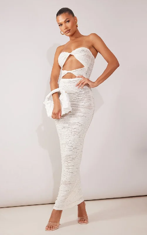 Cream Textured Bandeau Twist Cut Out Maxi Dress Cozy Maxi Dress with Slit