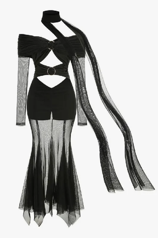 Diva Draped Scarf Off Shoulder O Ring Ruched Cutout Sheer Godet Maxi Dress Stylish Maxi Dress with Frills Diva Draped Scarf Off Shoulder O Ring Ruched Cutout Sheer Godet Maxi Dress Stylish Maxi Dress with Frills