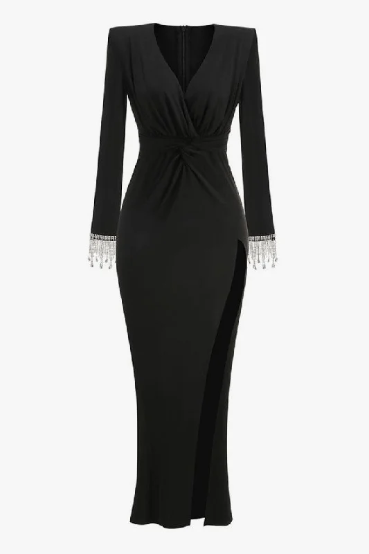 Diva Plunge Gathered Twist Crystal Fringe Long Sleeve Split Formal Maxi Dress Fashionable High-Low Maxi Dress Diva Plunge Gathered Twist Crystal Fringe Long Sleeve Split Formal Maxi Dress Fashionable High-Low Maxi Dress