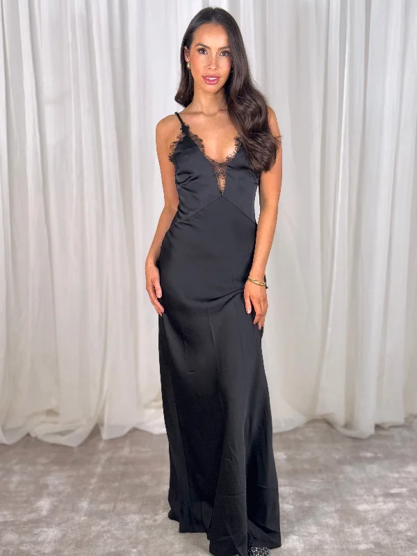 Elsa Lace Trim Maxi Dress In Black Comfortable Flowy Maxi Dress