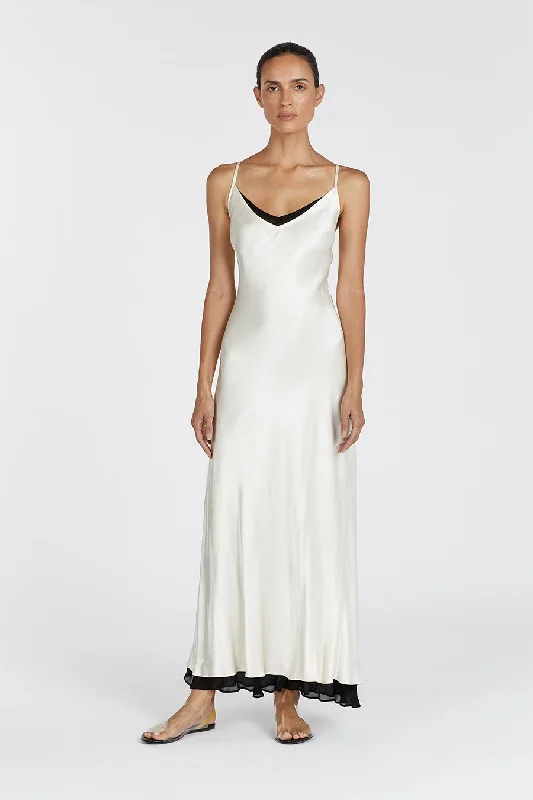 FAY CREAM SATIN V NECK SLIP MAXI DRESS Elegant Boho Maxi Dress