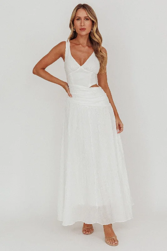 First Dates Waist Cut-Out Maxi Dress White Trendy Off-Shoulder Ruffle Maxi Dress