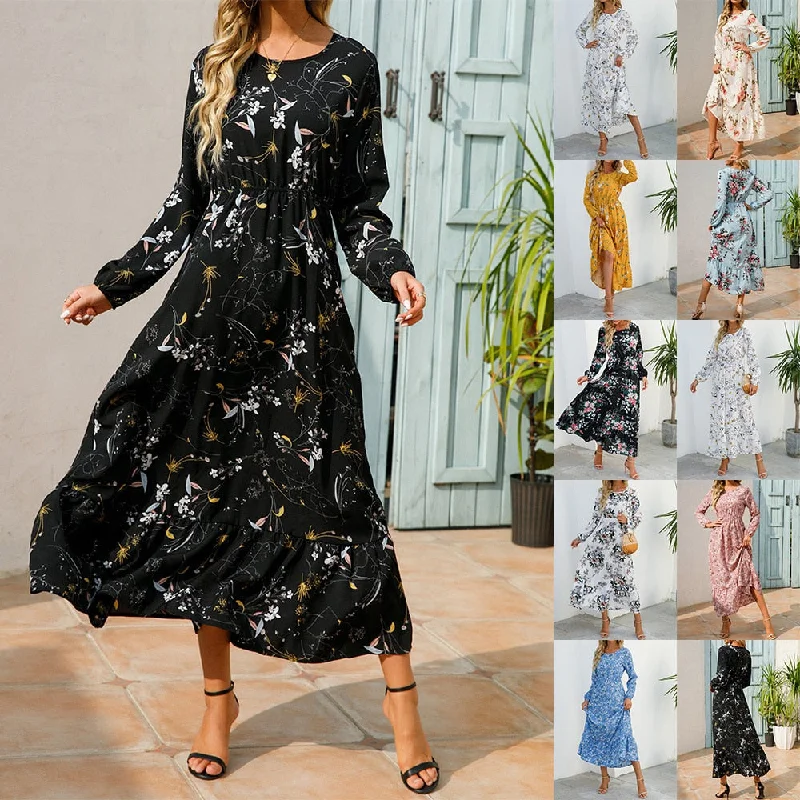 Floral Casual Long  Maxi Dresses For Women Comfortable Ruffle Hem Maxi Dress