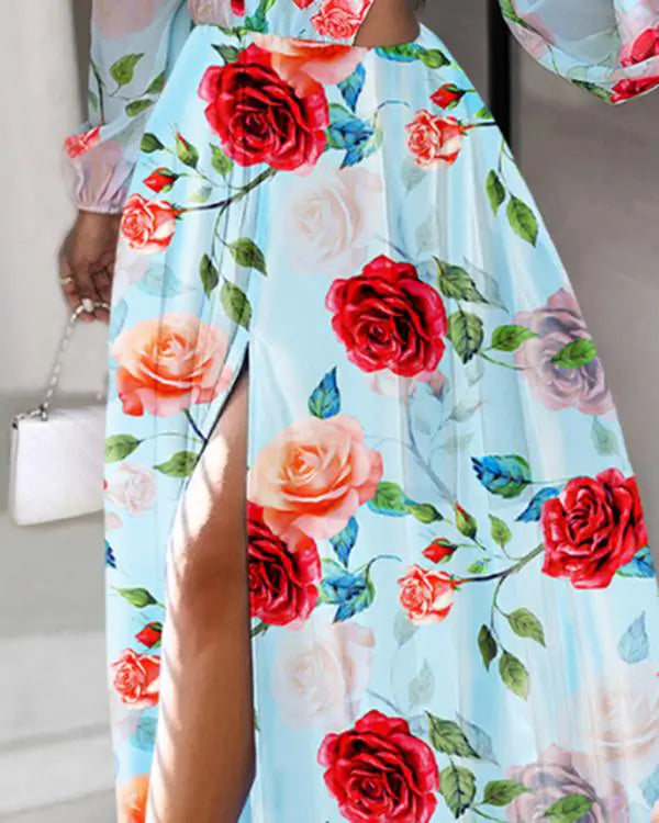 Floral Print Plunge Cutout Slit Maxi Dress Fashionable Chiffon Tiered Maxi Dress