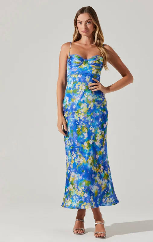 Florianne Satin Maxi Dress - Blue Yellow Abstract Elegant Boho Maxi Dress