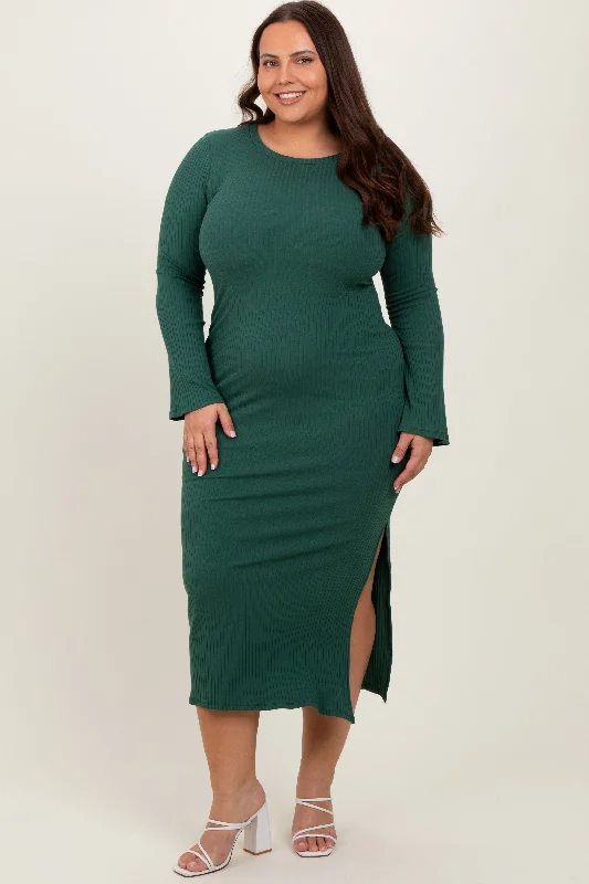Forest Green Ribbed Side Slit Plus Maxi Dress Trendy A-Line Maxi Dress
