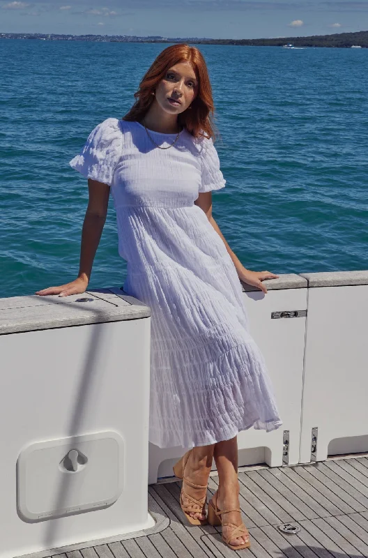 Graceful White Shirred Cotton Bubble Sleeve Tiered Maxi Dress Elegant Floral Maxi Dress Graceful White Shirred Cotton Bubble Sleeve Tiered Maxi Dress Elegant Floral Maxi Dress