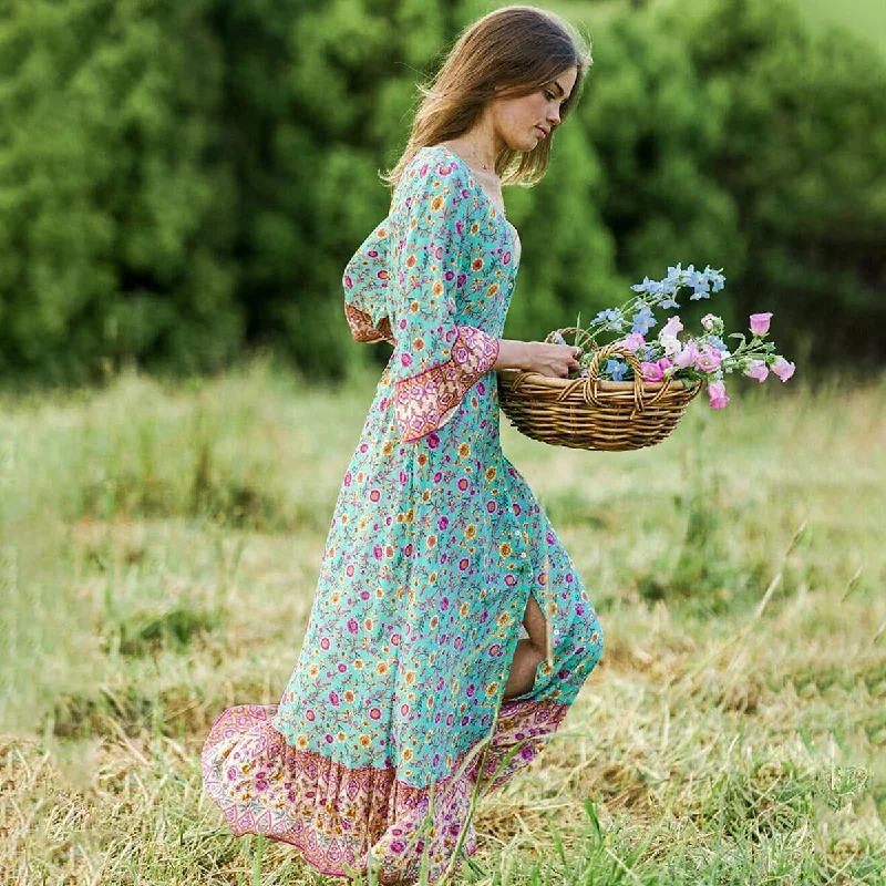 BerriesJam - Green Youth Cottagecore Maxi Dress Cozy Ruffle Sleeve Maxi Dress