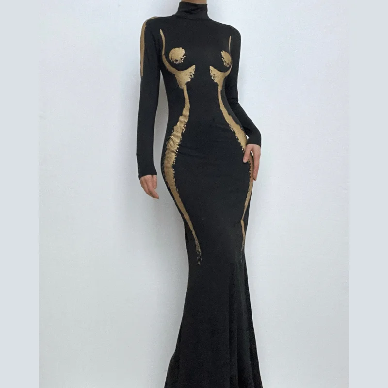 High neck long sleeve body print contrast maxi dress Elegant Maxi Dress with Lace