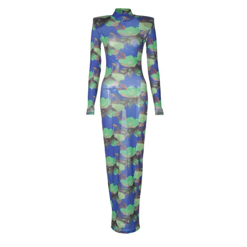 High neck padded flower print long sleeve maxi dress Elegant Velvet Maxi Dress