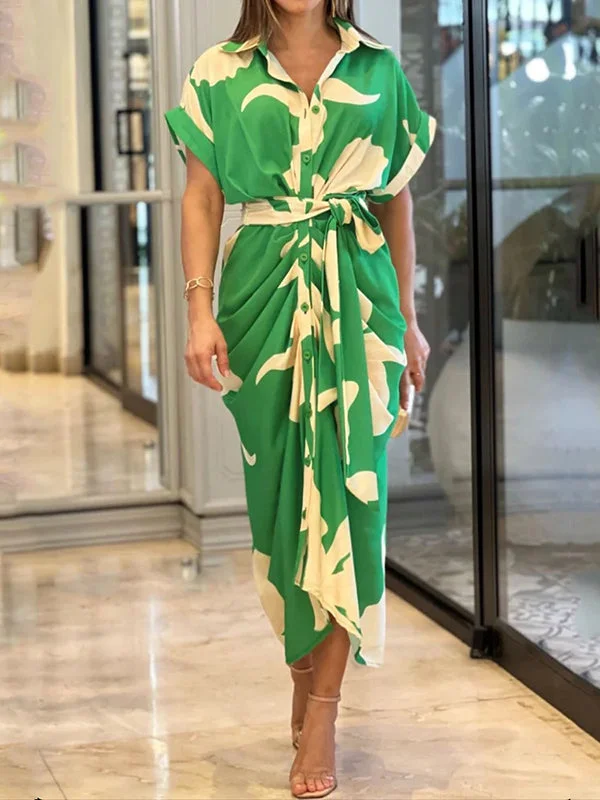 High Waisted Short Sleeves Buttoned Flower Print Tied Waist Lapel Maxi Dresses Shirt Dress Stylish Longline Maxi Dress High Waisted Short Sleeves Buttoned Flower Print Tied Waist Lapel Maxi Dresses Shirt Dress Stylish Longline Maxi Dress