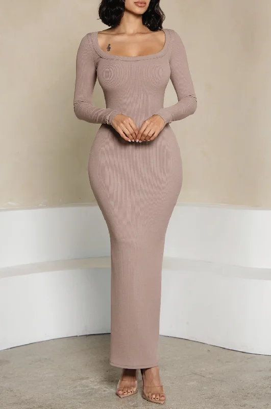 HMS Skins: Almond Baby Rib Long Sleeve Maxi Dress Elegant Silk Maxi Dress