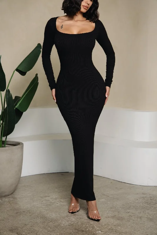 HMS Skins: Onyx Baby Rib Long Sleeve Maxi Dress Classic Black Maxi Dress