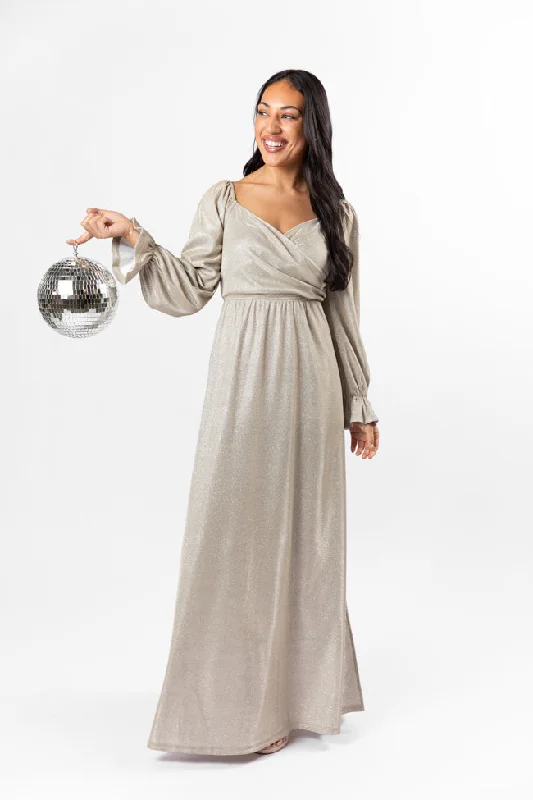 Holiday Magic Silver Shimmer Rouched Maxi Dress Stylish Button-Up Maxi Dress