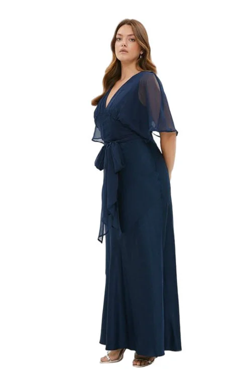 Jacques Vert Navy Plus Size Angel Sleeve Satin Maxi Dress Stylish A-Line Maxi Dress