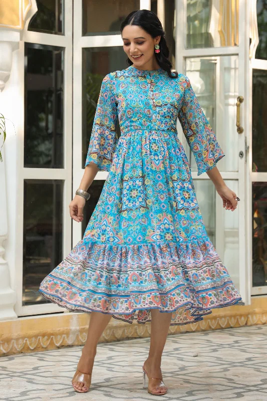 Jashvi Aqua Blue Geometric Printed Chiffon Tiered Maxi Dress With Buttons. Fashionable High-Waist Maxi Dress