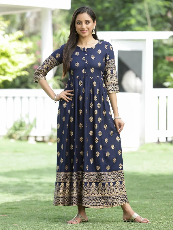 Jashvi Indigo Festive Ethnic Motif Printed Rayon Maxi Dress. Elegant Velvet Maxi Dress