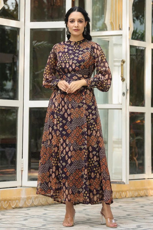 Jashvi Black Ethnic Motif Printed Chiffon Flared Maxi Dress With Buttons. Chic Boho Print Maxi Dress Jashvi Black Ethnic Motif Printed Chiffon Flared Maxi Dress With Buttons. Chic Boho Print Maxi Dress