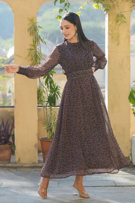 Jashvi Black Floral Printed Chiffon Flared Maxi Dress With Buttons. Cozy Ruffle Sleeve Maxi Dress Jashvi Black Floral Printed Chiffon Flared Maxi Dress With Buttons. Cozy Ruffle Sleeve Maxi Dress