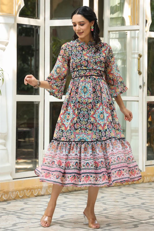 Jashvi Black Geometric Printed Chiffon Tiered Maxi Dress With Buttons. Chic Summer Floral Maxi Dress Jashvi Black Geometric Printed Chiffon Tiered Maxi Dress With Buttons. Chic Summer Floral Maxi Dress