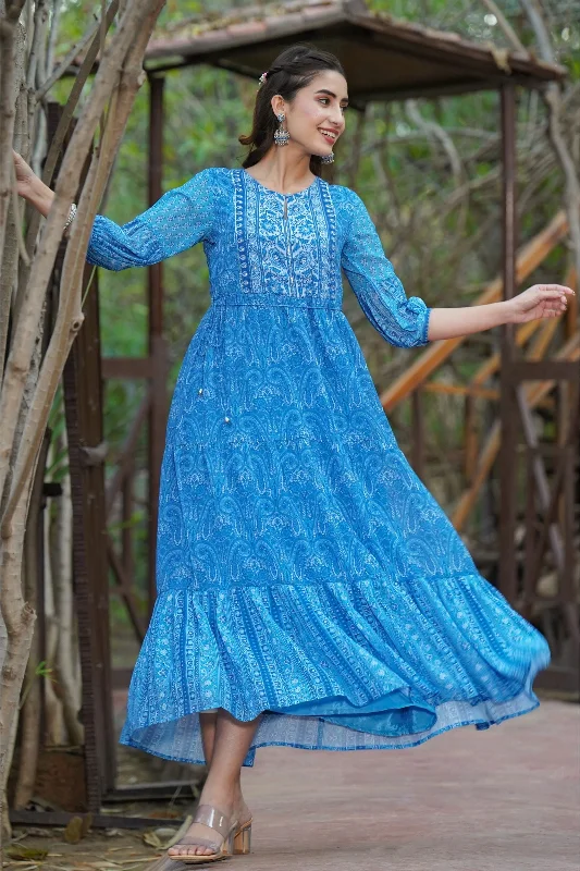 Jashvi Blue Paisley Printed Georgette Tiered Maxi Dress. Elegant Wraparound Maxi Dress Jashvi Blue Paisley Printed Georgette Tiered Maxi Dress. Elegant Wraparound Maxi Dress