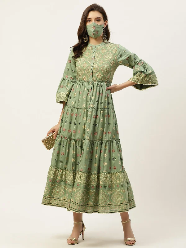 Jashvi Pista Green Geometric Printed Pure Cotton Tiered Maxi Dress. Stylish A-Line Maxi Dress