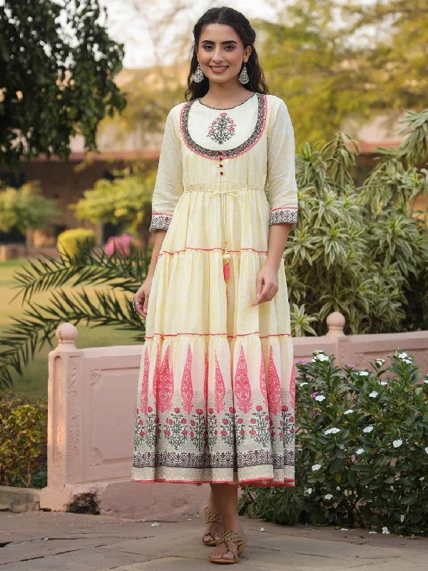 Jashvi  Yellow Ethnic Motif Printed Cotton Voile Maxi Dress With Thread Embroidery Stylish Long Sleeve Maxi Dress