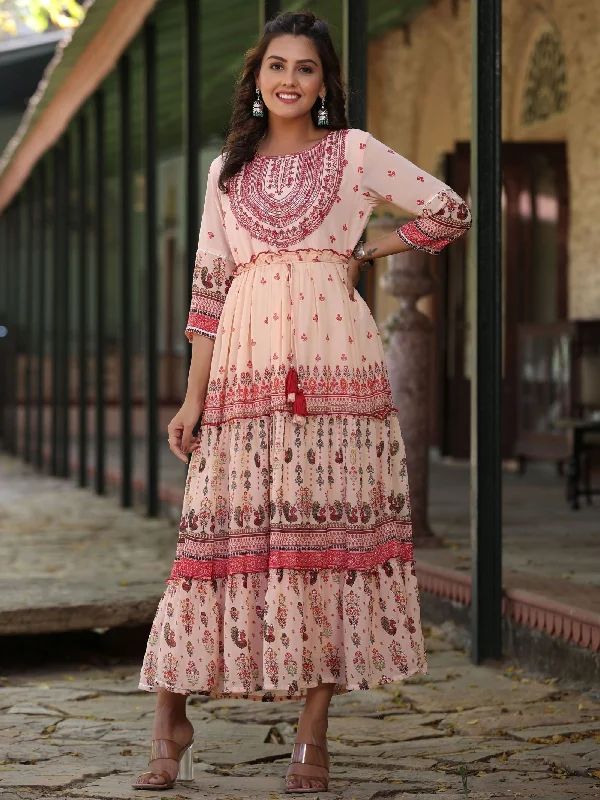 Jashvi Peach Ethnic Motif Printed Georgette Tiered Maxi Dress With Thread Embroidery Trendy Floral Print Maxi Dress Jashvi Peach Ethnic Motif Printed Georgette Tiered Maxi Dress With Thread Embroidery Trendy Floral Print Maxi Dress