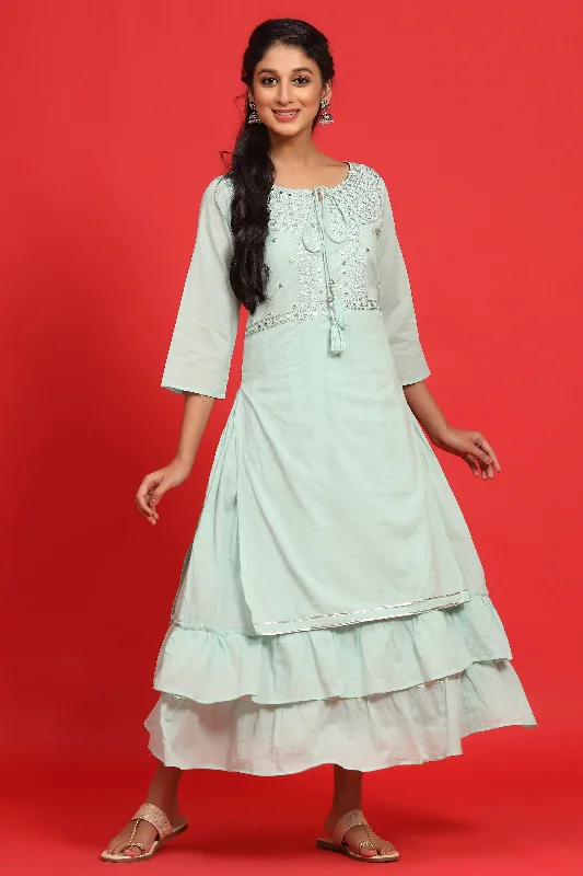 Jashvi Sage Green Cotton Embroidered Layered Maxi Dress With Dori Tassels Fashionable Faux Wrap Maxi Dress