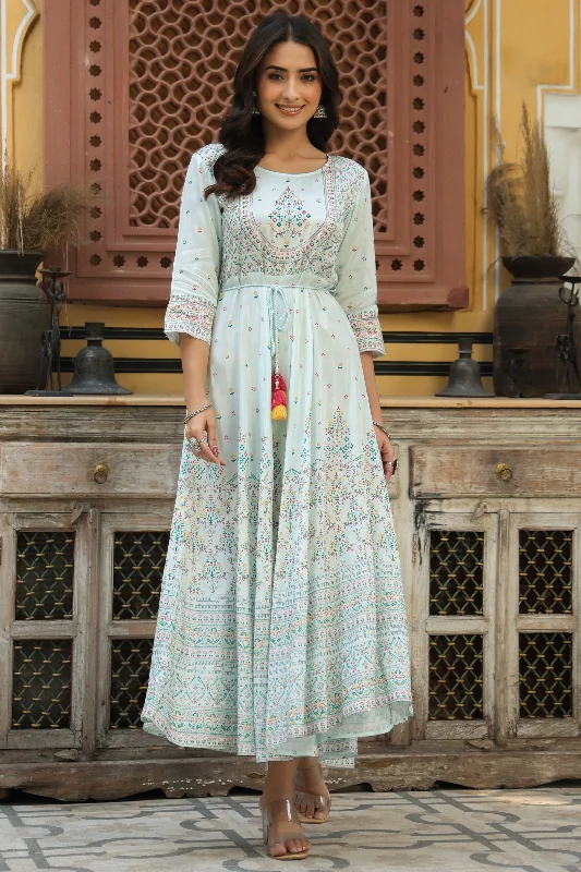 Jashvi Sky Blue Ethnic Motif Printed Shantoon Flared Maxi dress With Beads & Sequins Work Fashionable High-Waist Maxi Dress