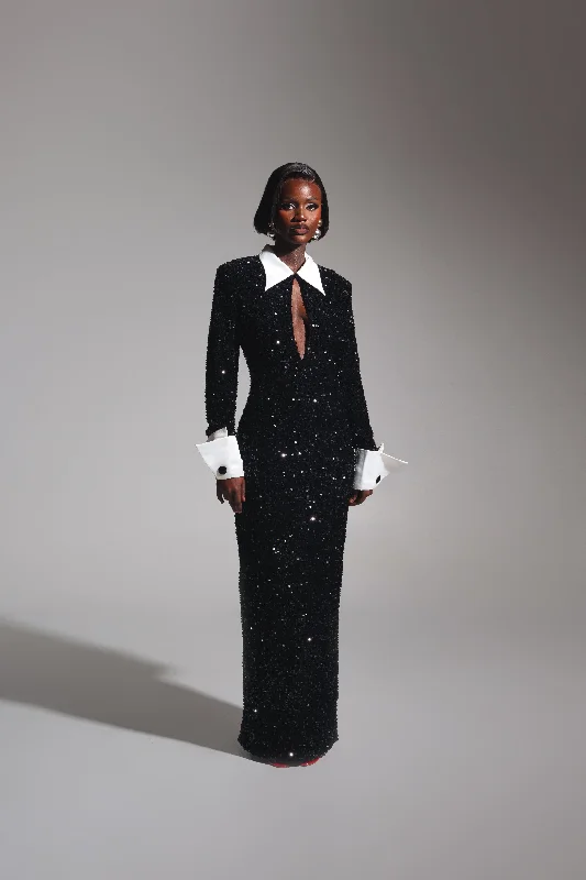 KALI Keyhole Sequin Maxi Dress in ONYX Stylish Maxi Dress with Frills