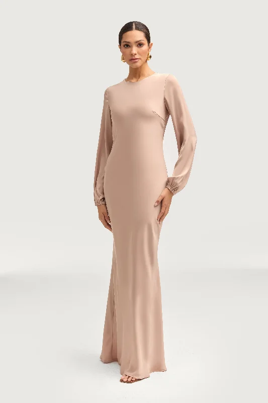 Kamila Satin Maxi Dress - Caffe Cozy Open-Back Maxi Dress
