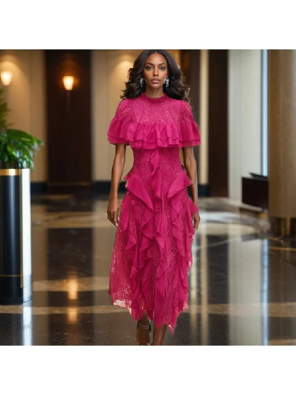 Lace Panel Ruffle Short Sleeve Maxi Dress Elegant Pleated Maxi Dress