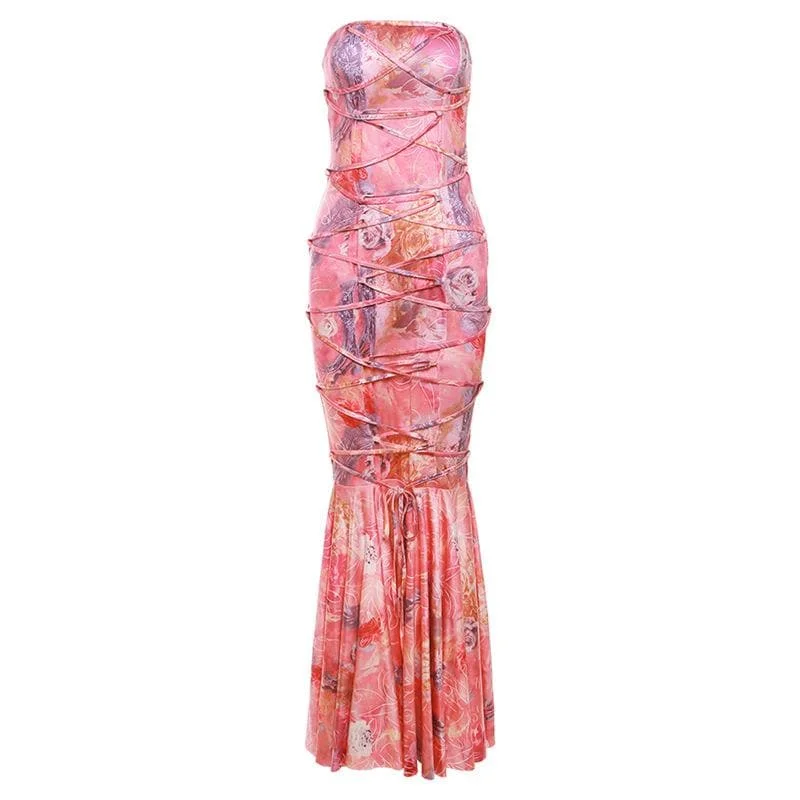 Lace up flower print contrast backless tube maxi dress Stylish Maxi Dress with Pleats