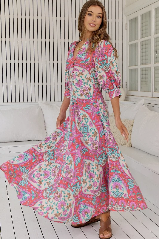Lara Maxi Dress - Pink/Blue Fashionable Button-Down Maxi Dress