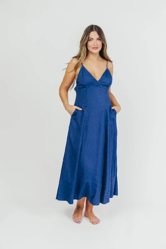 Ivy Linen-Blend Open Back Maxi Dress in Denim Blue Comfortable Bohemian Maxi Dress