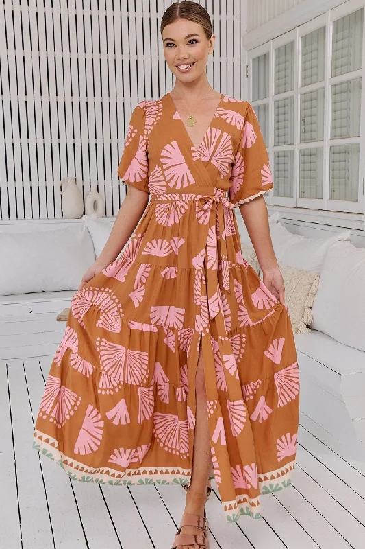 Luna Wrap Maxi Dress - Caramel/Pink Stylish One-Shoulder Maxi Dress