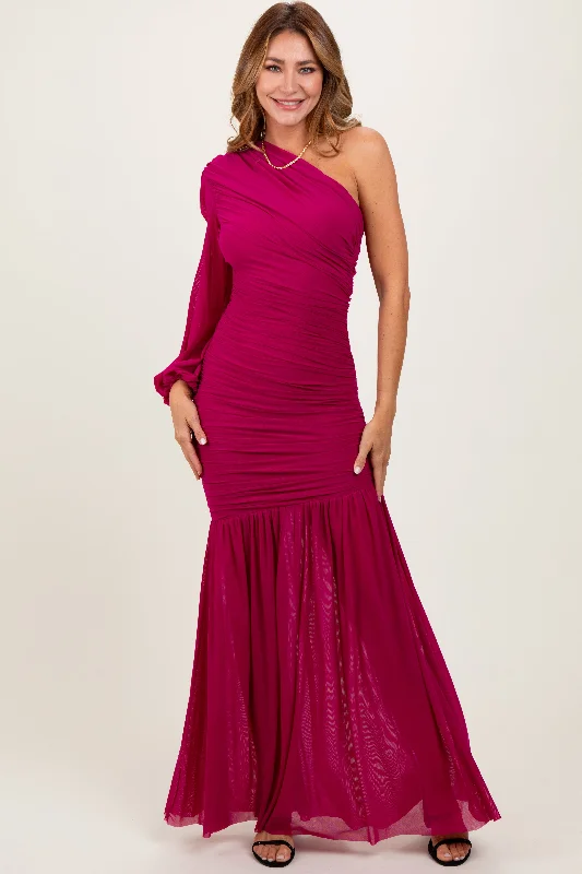 Magenta Ruched Mesh One Shoulder Asymmetric Maxi Dress Fashionable Faux Wrap Maxi Dress Magenta Ruched Mesh One Shoulder Asymmetric Maxi Dress Fashionable Faux Wrap Maxi Dress