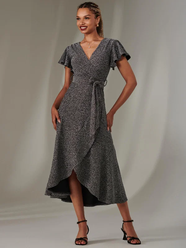 Marlie Metallic Angel Sleeve Maxi Dress, Black-Silver Elegant Boho Maxi Dress