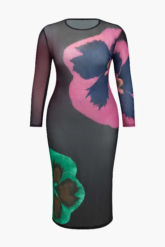 Plus Size Floral Print Mesh Maxi Dress Cozy Maxi Dress with Slit