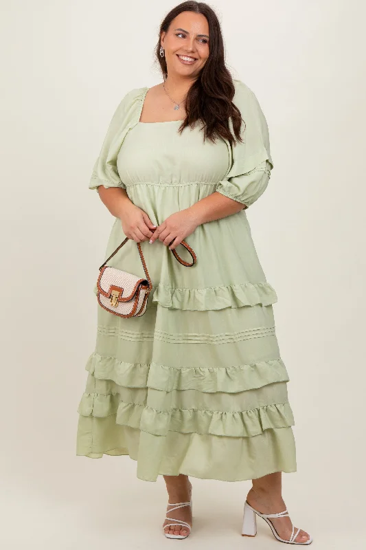 Mint Green Square Neck Ruffle Tiered Plus Maxi Dress Trendy Maxi Dress with Bow