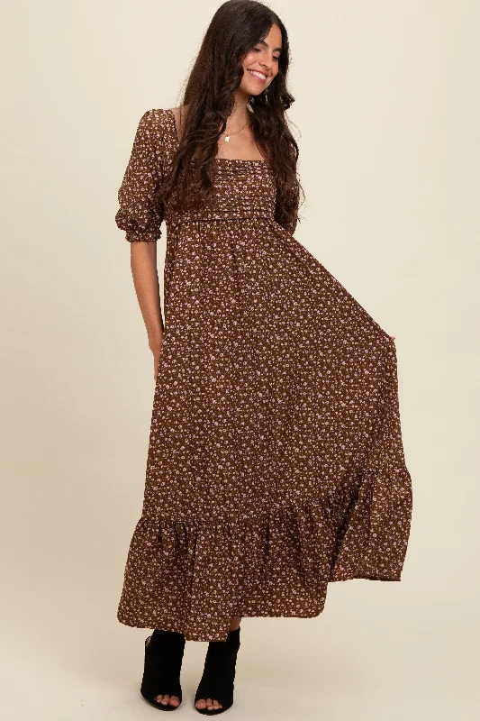 Mocha Floral Pleated Bodice Maxi Dress Comfortable Cotton Maxi Dress