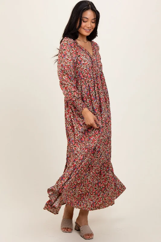 Mocha Floral V-Neck Bubble Sleeve Maxi Dress Fashionable Chiffon Tiered Maxi Dress