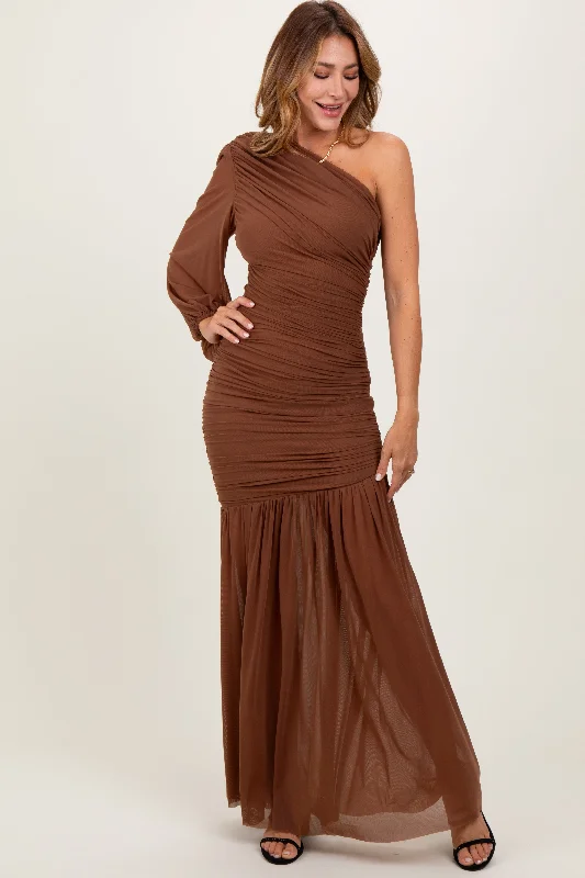 Mocha Ruched Mesh One Shoulder Asymmetric Maxi Dress Casual Maxi Dress with Pockets