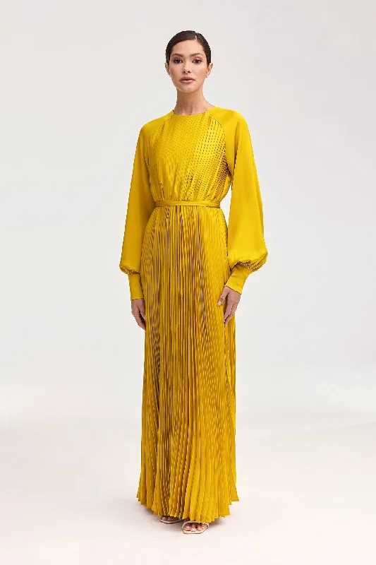 Nadira Satin Pleated Maxi Dress - Honey Elegant Maxi Dress with Drapes