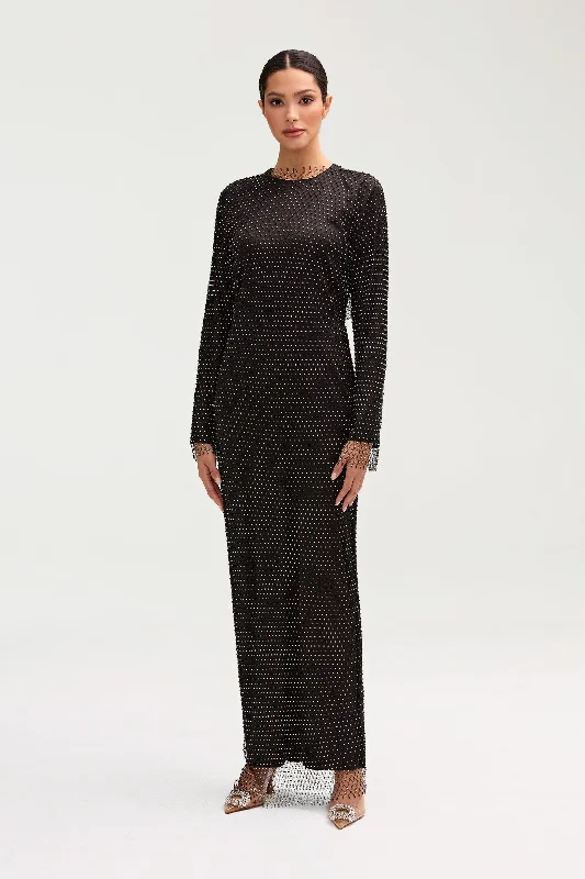 Naila Satin Crystal Maxi Dress - Black Comfortable Ruffle Hem Maxi Dress