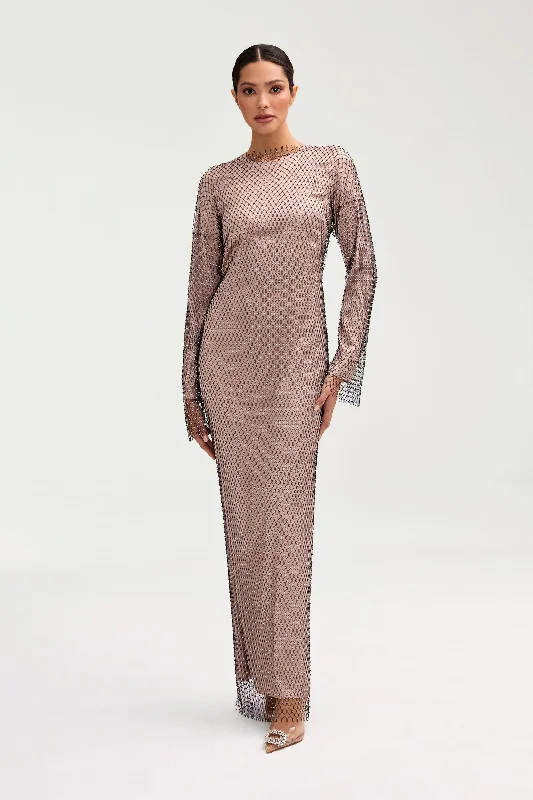 Naila Satin Crystal Maxi Dress - Pink Jasmine Classic V-Neck Maxi Dress