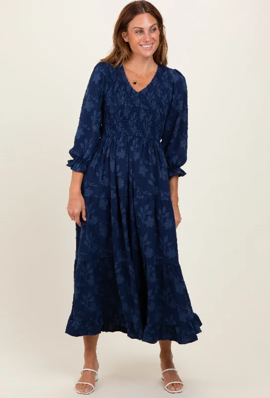 Navy Floral Smocked V-Neck Maxi Dress Trendy Printed Maxi Dress