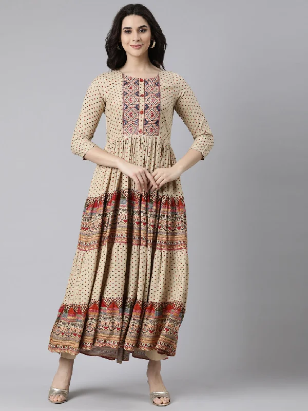 Neerus Beige Flared Casual Polka Dots Maxi Dresses Cozy Ribbed Maxi Dress