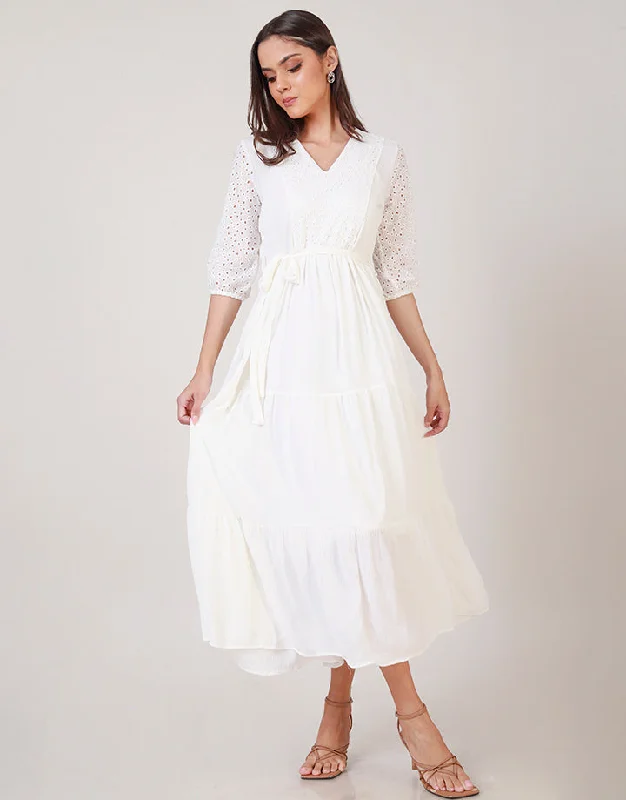 Off White Tiered Maxi Dress with V-Neck Trendy Ruffled Maxi Dress